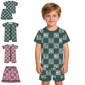 Conjunto de Pijama de Verano Personalizado con Estampado a Cuadros, 95% Algodón, 5% Elastano, Pantalones Cortos para Niños, Ropa de Dormir para Bebés, Conjunto de Ropa para Hermanos - Product Image 1