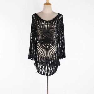 Hot <b>Beach</b> Smock Knitted Print Breathable UV50 Protection Drawstring Closure One-Shoulder V-Neck Bikini <b>Coat</b> Short Style Swimsuit - Product Image 3
