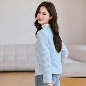 <b>Women's</b> <b>Tweed</b> Blazer Coat Blue Checkered Pattern Vintage Style Short <b>Jacket</b> For <b>Women</b> Autumn Winter Wear - Product Image 4