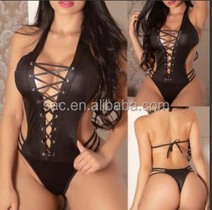 SacKnove 8140 mode décapant Sexy imitation cuir une pièce creux profond col en V sangle Lingerie pas cher en ligne - Product Image 2
