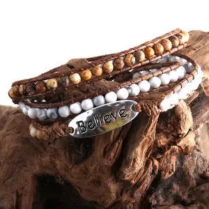 Frauen Boho Arm Bander Metall Natur Howlite Stein Amazon ite Armband 3 Stränge glauben Brief Charm Wrap Armbänder