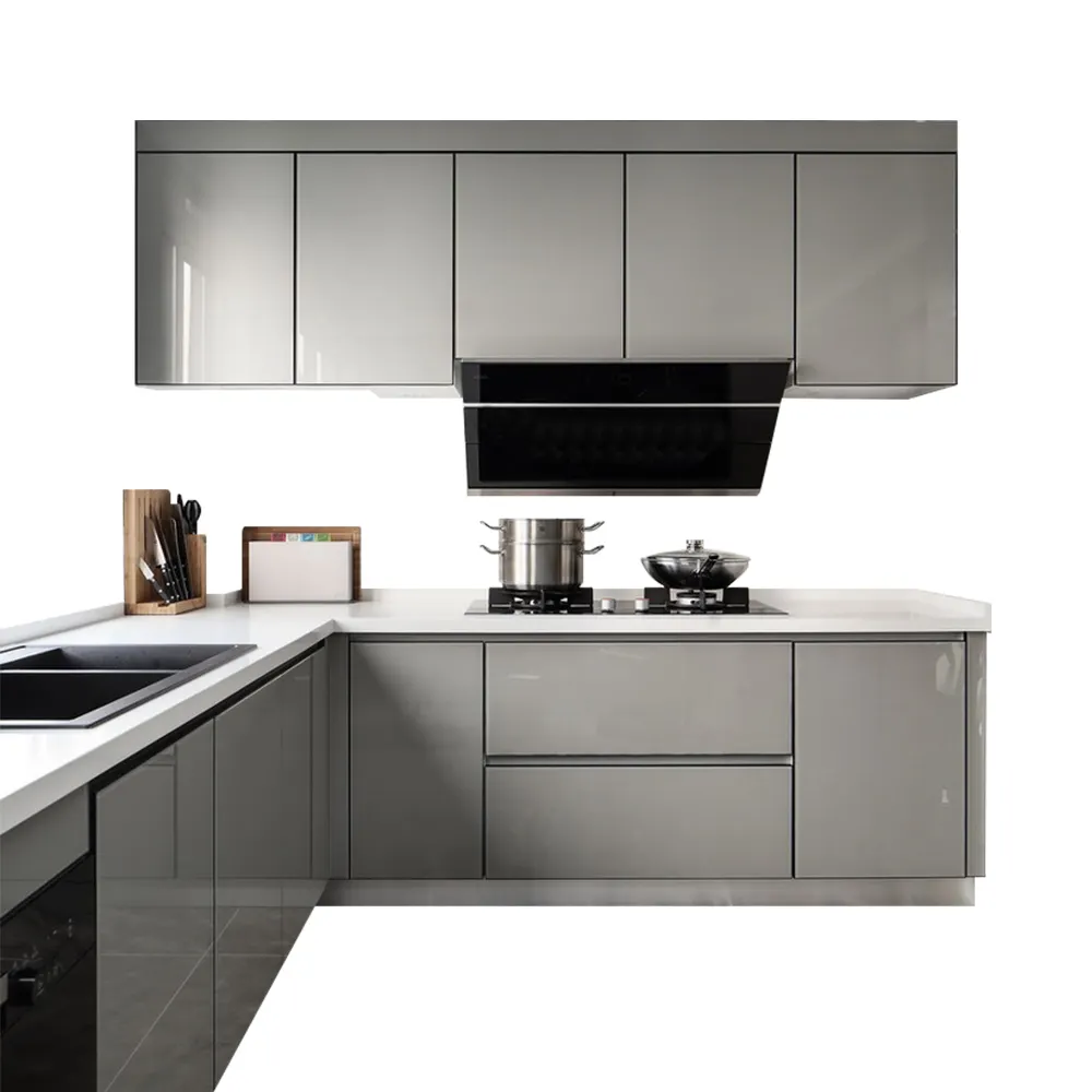 Forma l pronto para montar moderno madeira cinza brilhante limpo design livre armário de cozinha para pequena cozinha