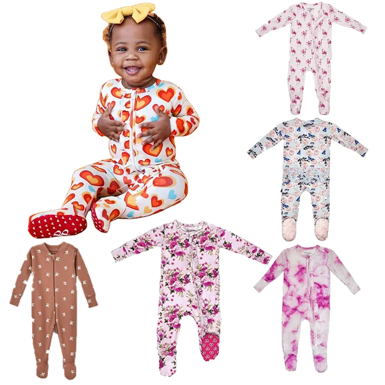 Most Popular Wholesale Baby Bodysuit Newborn Bamboo Floral Print Long Sleeve Infant Girls Boys Pajamas Baby Footie Zipper Romper