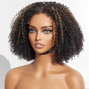 Atacado Natural Afro Kinky Curly Peruca de Cabelo Humano Destaques Cor Afro Curl HD Full Lace Front Peruca 250% Densidade para Mulheres Negras