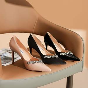 Chaussures à talons aiguilles pour femmes, style français de luxe, à enfiler, couleur nude, avec strass, talon fin de 8 cm, en PU, printemps/automne - Product Image 1