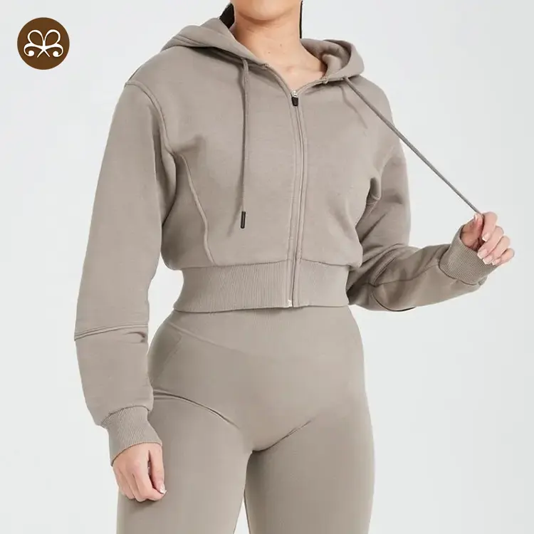 Benutzer definiertes Logo Casual Workout Crop Hoodies Langarm Pullover Tops Lose schwere Damen Sweatshirt