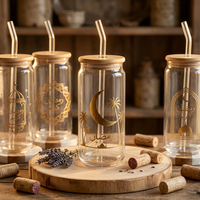 Vente en gros de gobelets en verre à thème Eid Mubarak Ramadan, imprimés avec une lune dorée, une mosquée et une lanterne en forme de palmier