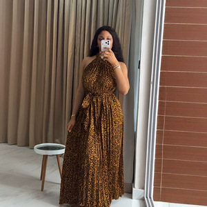 Abito <span class=keywords><strong>lungo</strong></span> plissettato estivo in poliestere con stampa leopardata, nuovo stile africano, moda transfrontaliera Europa America, per donna 2026 - Product Image 1