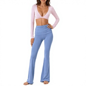 Custom Women Long Sleeve Yoga Crop Top Deep <b>V</b> Neck Stretch <b>Fitted</b> Workout Gym Fitness Activewear Women's Leggings Low MOQ - Product Image 1