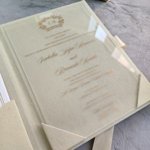 Suite d'invitations de mariage personnalisées en velours beige avec cartes en acrylique transparent et détails dorés – Ensemble d'invitations de mariage - Product Image 3
