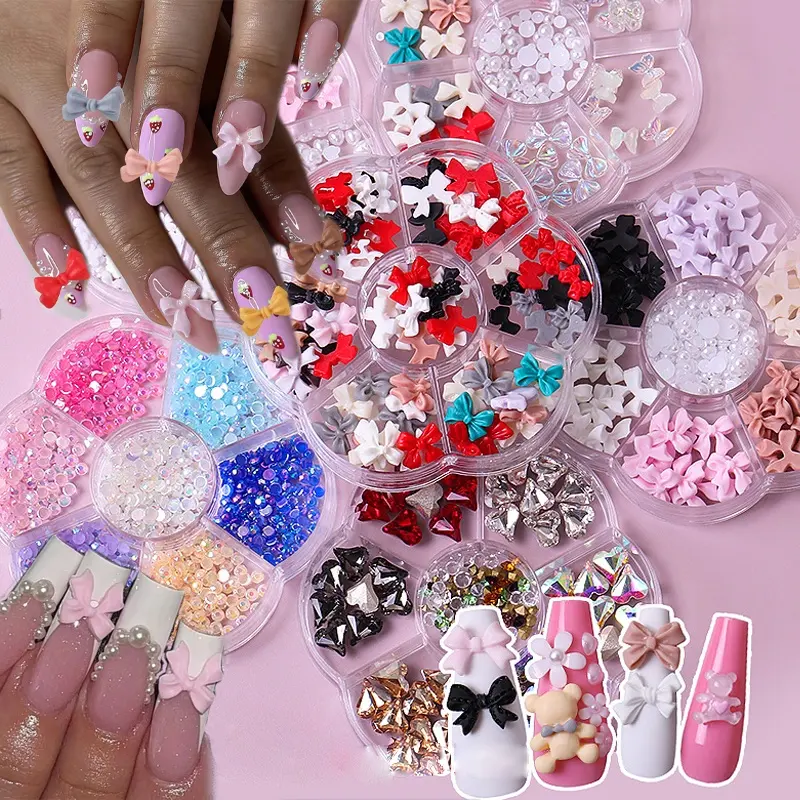 Offre Spéciale Aurora Noeuds Papillon Résine Fleur De Prunier Boîte Acrylique Nail Art Décorations Nail Beauté DIY Accessoires 3D Nail Charm Arcs