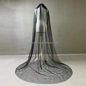 Velo de Novia YM24 de 1 Nivel, <span class=keywords><strong>Mantilla</strong></span> Negra <span class=keywords><strong>con</strong></span> Perlas y Encaje, Tul Transparente, Borde de Cuentas Hecho a Mano, Accesorios para el Cabello - Product Image 1