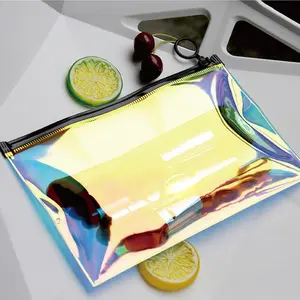 Hot Selling Design Logo Laser Travel Hologram PVC Metal Zipper Cosmetic Bag Transparent Holographic Makeup Bag