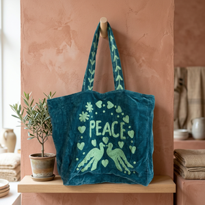 Wholesale Custom Handmade Red Velvet Tote Bag Featuring <b>Pink</b> PEACE Lettering Doves <b>Hearts</b> and Floral Applique Embroidery Chic - Product Image 6
