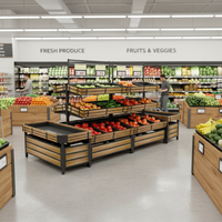 Op maat gemaakte multifunctionele supermarkt rek voor vers fruit en groenten, hout & metaal, eenvoudige installatie, vrijstaand