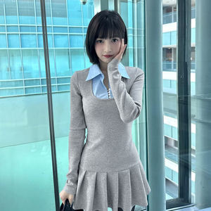 Vestido Mini Plisado con Cuello Color Block Estilo Preppy Coreano para Mujer, Manga Larga, Diseño de Dos Capas, Botones al Frente, Corte Ajustado, Estilo Colegiala - Product Image 2