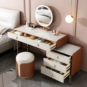 Luxury Home Furniture Leather Modern Makeup Vanity Dressing Table With LED Mirror