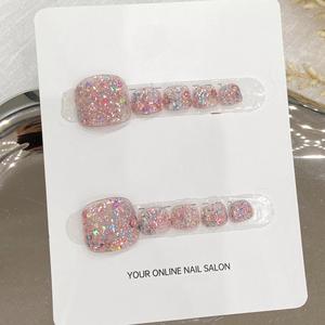 Nouveau produit lancé, ongles artificiels réutilisables faits à la main, rose laser, polarisés, pailletés argentés, à porter sur les pieds - Product Image 2