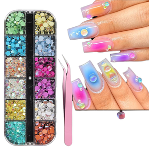 Kit de 12 grilles de <span class=keywords><strong>strass</strong></span> pour ongles, perles sirène, cristaux ronds irisés Aurora AB à dos plat, pour manucure - Product Image 1