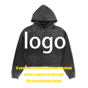 Sweat à capuche unisexe zippé déstructuré, brodé, délavé, effet usé, coupe courte, surdimensionné, personnalisé pour homme - Product Image 2