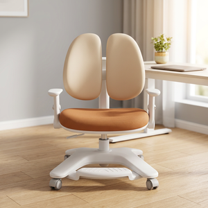Chaise de bureau ergonomique moderne avec dossier divisé, base en plastique, revêtement orange, design minimaliste, mobilier pour la maison - Product Image 1