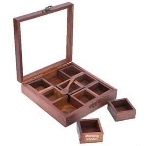 Boîte à épices en bois, compartimentée, pour cuisine domestique, conteneur de rangement solide pour assaisonnements, multifonctionnelle avec couvercle, design à neuf compartiments - Product Image 1