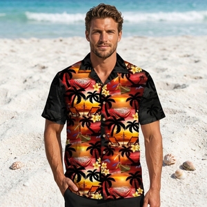 Chemise de plage à séchage rapide, imprimé tropical coucher de soleil, coupe ample, chemise hawaïenne pour homme, fabrication OEM. - Product Image 5