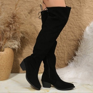 Bottes au-dessus du genou pour femmes, en daim noir, talon haut de 6 à 8 cm, tige élastique, grande taille, couleur unie, chaussures d'hiver à la mode - Product Image 1