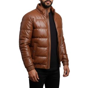 Veste matelassée en cuir d'agneau brun beige sur mesure pour homme, respirante, avec logo personnalisé, édition hiver isolée - Product Image 2