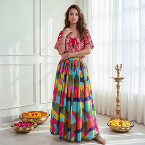 <b>Women</b> <b>Red</b> Embroidered Blouse Floor Length Multicolor Printed Maxi <b>Skirt</b> Set Indian Ethnic Outfit - Product Image 1