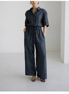 Personnalisé été modeste mode élégant décontracté <span class=keywords><strong>combishort</strong></span> femmes sans manches ceinturé taille barboteuse poches 100% <span class=keywords><strong>lin</strong></span> combinaison - Product Image 3