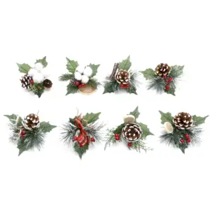 Mini Christmas Tree Branches Holly Berry Pinecone Stem Plaid Bowknot Decorative Ornaments DIY Accessories Artificial Berry