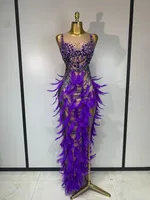 Damen Funkelndes Strass-Feder-Bodycon-Kleid Sexy Luxuriöses Geburtstags-Abendkleid Modenschau Bühnenkostüm Abendgarderobe