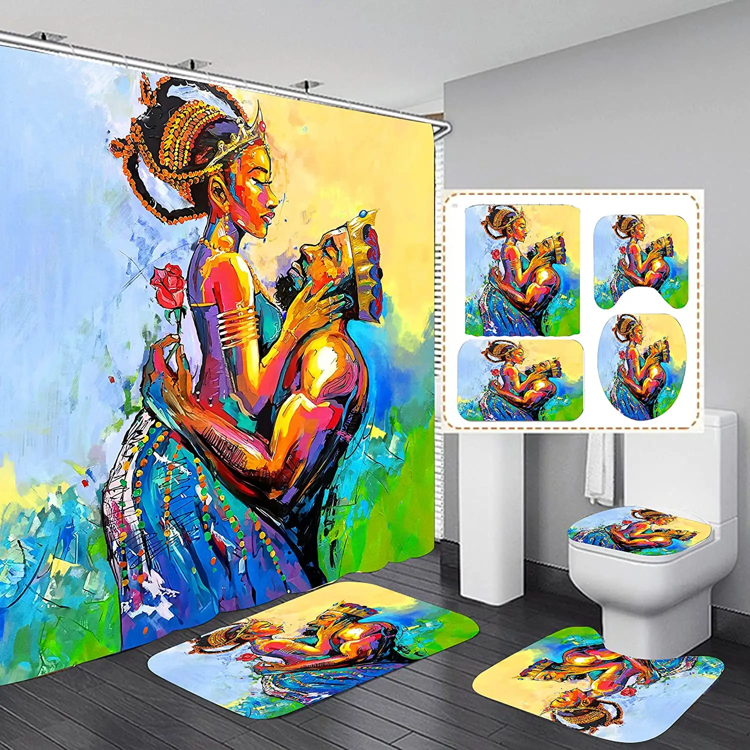 الكلاسيكية افريقى عشاق زوجين اللوحة دش مجموعة الستائر ، 4 قطعة مجموعة للحمام ديكور الأفريقي امرأة دش الستار