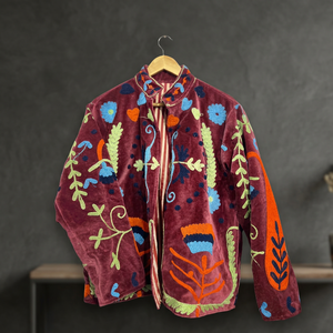 <b>Maroon</b> Velvet Stand Collar Jacket Hand Embroidered Floral Pattern Full Sleeve Women's <b>Coat</b> Autumn Wear Wholesale B2B Suzani <b>Coat</b> - Product Image 1