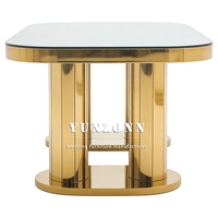 Table rectangulaire de banquet en acier inoxydable avec plateau en verre miroir, dorée, pour mariages, événements, hôtels, meubles de salle à manger