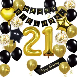 Black and Gold Happy 21st Birthday Party Decorations Jumbo Number 21 Foil Balloon Sash Cake Topper Banner supplies