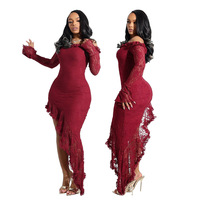 Robe de soirée cocktail moulante noire sexy en dentelle, épaules dénudées, taille haute-basse, à volants, manches longues, grande taille pour femme