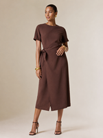 Vestido Midi Cruzado con Cuello Redondo y Manga Corta en Color Chocolate Marrón, Nueva Colección de Verano, Gran Venta en EE. UU. y Australia