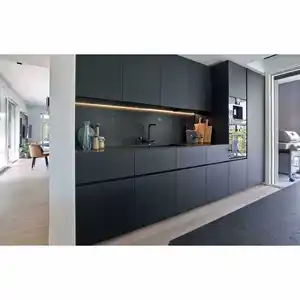 Vermonhouzz meja marmer matte hitam kabinet kayu grain lemari dinding dapur desain dapur modern