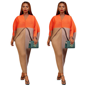 10263 Vêtements pour femmes européennes et américaines, approvisionnement transfrontalier, collection automne, best-seller, robe plissée à col en V et manches chauve-souris, color-block - Product Image 2