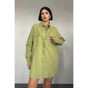 Camisa Verde Estilo Boyfriend para Mujer, Popelina, Doble Bolsillo, Cierre de Botones, Uso Diario - Product Image 3