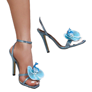 Sandales à talons hauts pour femmes, bleues, à bout carré et ouvert, avec bride cheville et lanières croisées à l'arrière, style stiletto, de créateur - Product Image 1