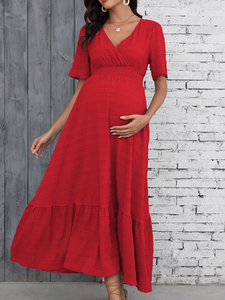 En stock: Vestido maxi <span class=keywords><strong>de</strong></span> maternidad con cuello en U, manga corta con volantes, liso, espalda fruncida, cintura con lazo y corte en A escalonado, para verano. - Product Image 1