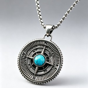 Yunnique – collier avec pendentif boussole en argent tibétain pour hommes, avec incrustation de turquoise, design géométrique, pour chaîne de pull à la mode, cadeau - Product Image 2