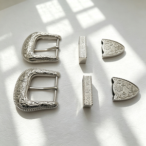 Juego de hebillas de cinturón de vaquero occidental con anilla y punta, talladas ornamentadas en plata envejecida, juego de 3 piezas de herrajes para cinturones de cuero personalizados - Product Image 3