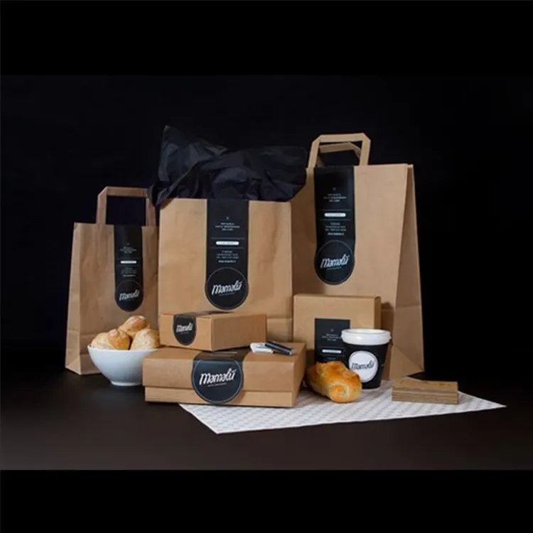 कस्टम मुद्रित पदोन्नति थोक पर्यावरण के अनुकूल biodegradable रेस्तरां फास्ट फूड पैकेजिंग ब्राउन क्राफ्ट दूर ले किराने पेपर बैग