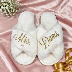 Personalized <b>Bride</b> <b>Slippers</b> for Wedding Day, Custom Name Soft Fuzzy <b>Slippers</b> for Bachelorette Party, Bridal Shower Gifts - Product Image 3
