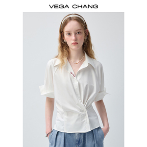 VEGA CHANG <span class=keywords><strong>Camicetta</strong></span> Bianca Stile Minimalista Chic <span class=keywords><strong>con</strong></span> Vita Intrecciata, Colletto a Risvolto e Manica <span class=keywords><strong>Corta</strong></span>, Top Casual all'Ingrosso - Product Image 5