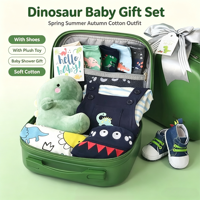 Coffret Cadeau Bébé Garçon Dinosaure Rayé Dessin Animé Adorable – Ensemble Multi-Pièces en Coton avec Chaussures et Peluche – Style Europe-Amérique pour Printemps-Été